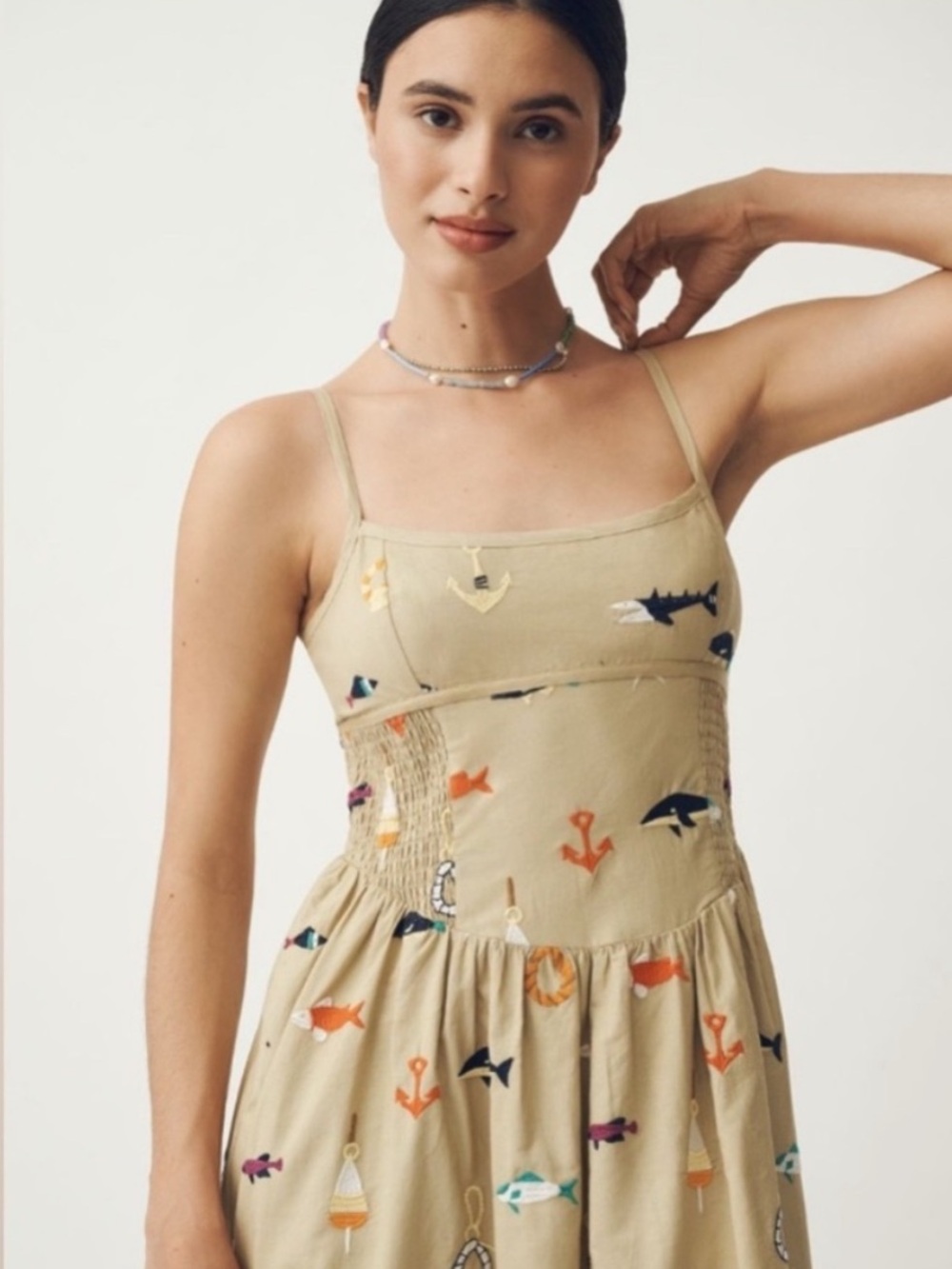 Anthropologie Beige Midi Dress with Multicolor Nautical Embroidery